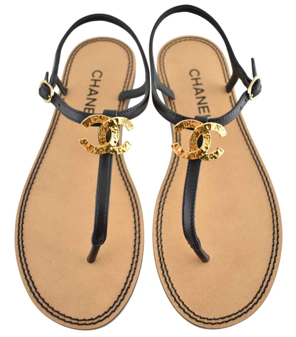 Chanel 25S Black Leather CC Gold Logo Ankle Strap Thong Mule Flat Sandal 38